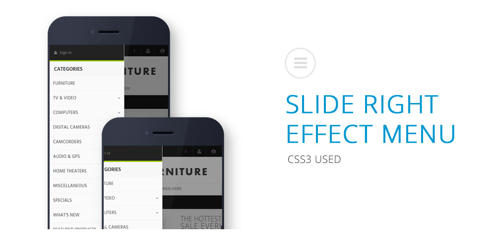 Slide menu with left column content of Zen Cart for mobile users